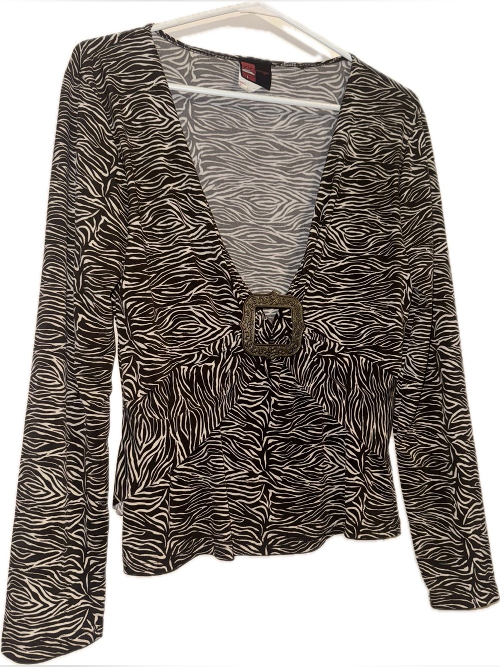 Vintage Vinrouge Women's Zebra Print V-Neck Top with Buckle Detail